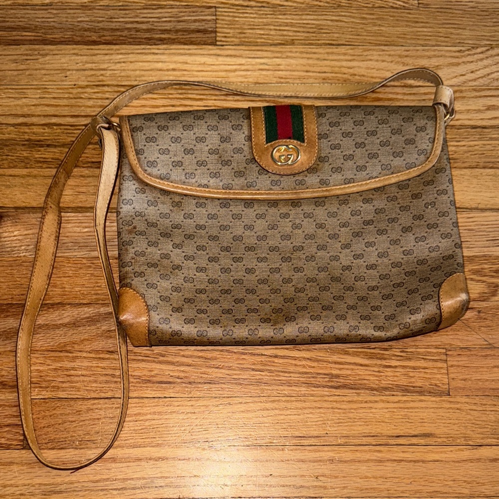 Gucci Tan and Brown Vintage Monogram Shoulder Bag